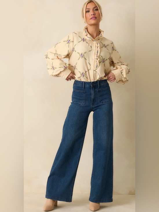 entro Tops - Women’s Entro Blouse Large Floral Embroidered Ruffle Top Boho Chic Southern New